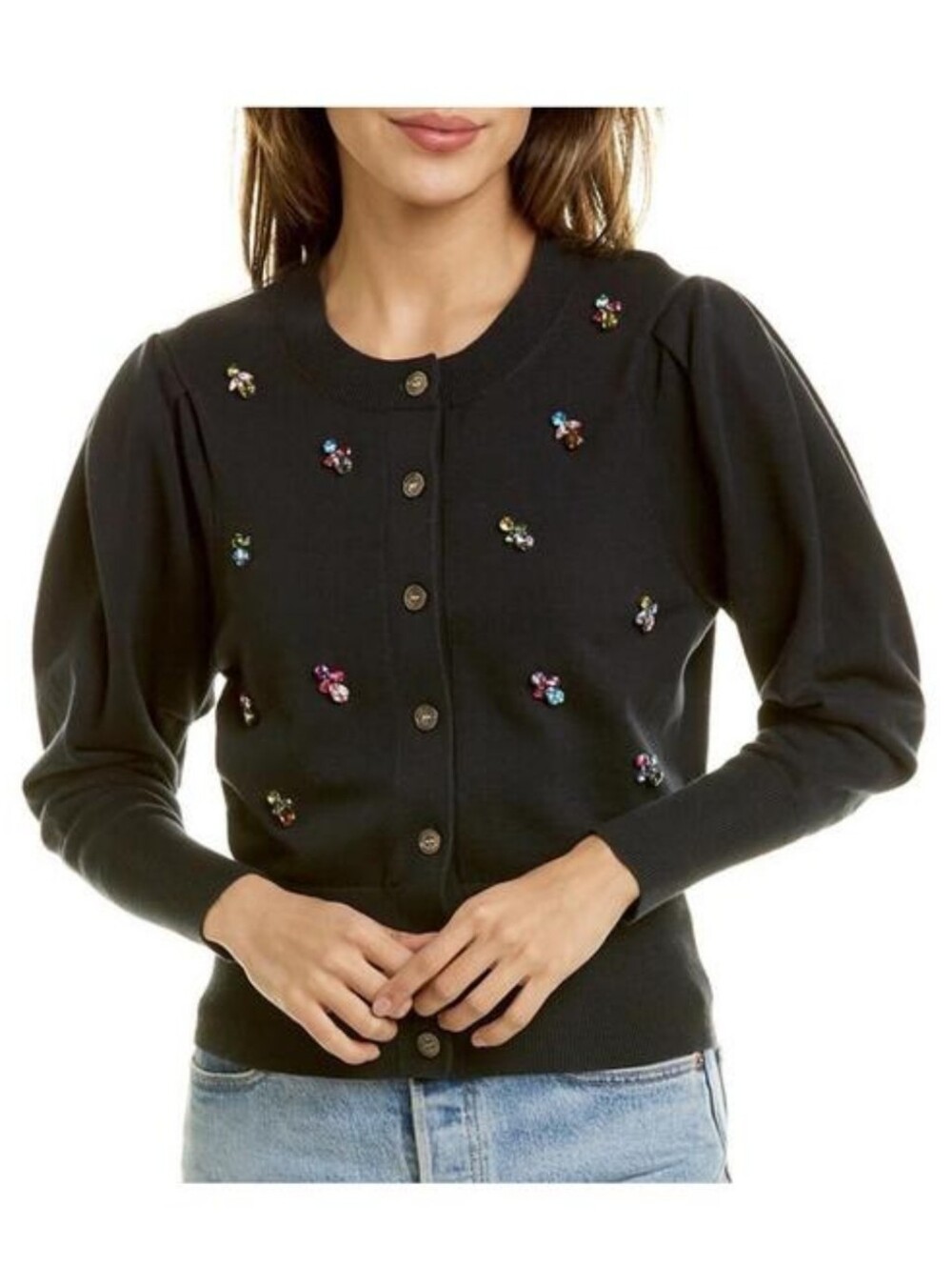 Cinq a Sept Cece Jewel Embellished Knit Cardigan Sweater Dark Navy Crystal Sz XS